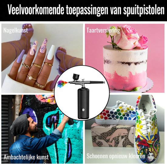 Een airbrush pistool spuit gekleurde verf op een schoen, nagels, taart en muur.