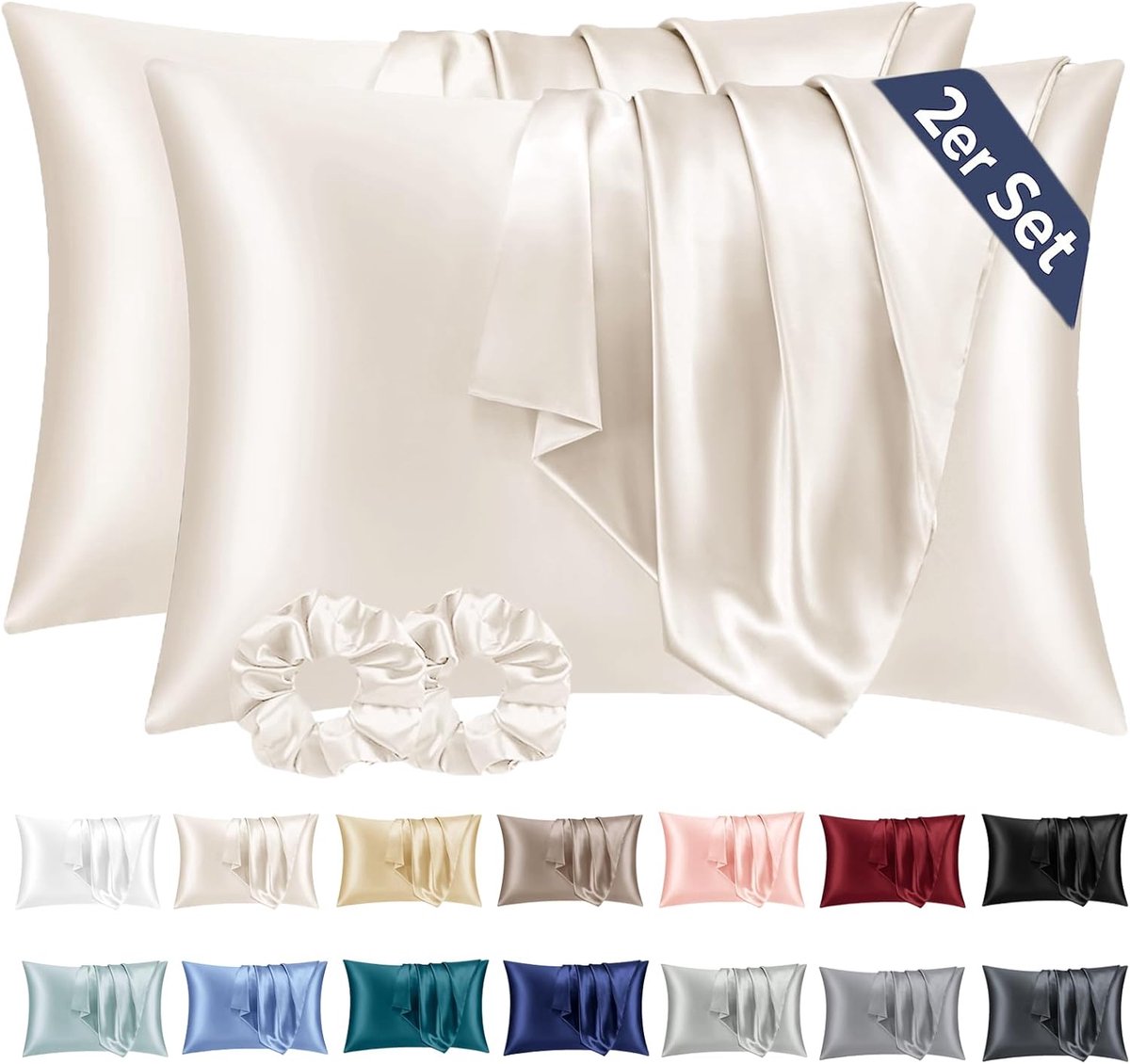 van 2 Satijn Kussensloop 50x80 Beige - zo Zacht als Zijden Kussensloop - Goed voor haar en huid Envelopsluiting met 2 Haarbandjes