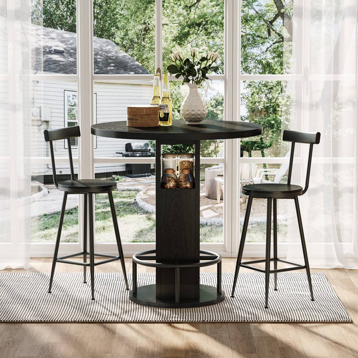 Intebiki bartafel met 2 barstoelen - Met Opbergruimte - ronde tafel van 80 cm – keukeneiland met tafel - Bistrotafel voor Keuken, Woonkamer en Eetkamer - zwart