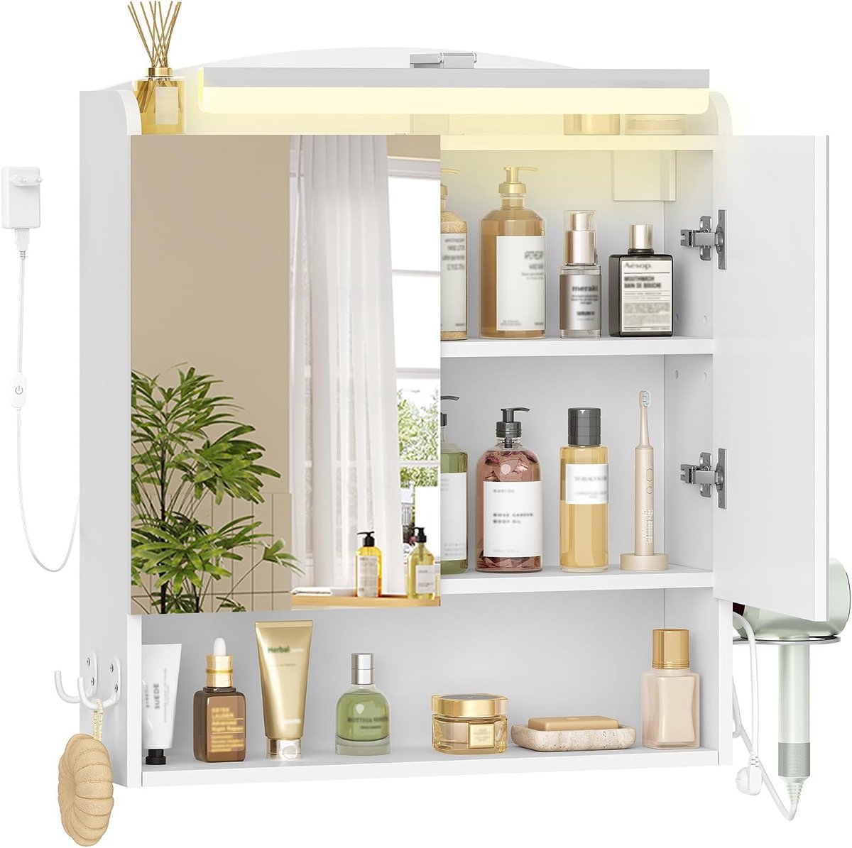 Hzuaneri Spiegelkast met verlichting, hangkast, spiegelkast voor badkamer met opbergruimte, badkamerkast met spiegel, dimbare ledlampen 60 x 68,5 x 16,5 cm (b x h x d) cm, wit
