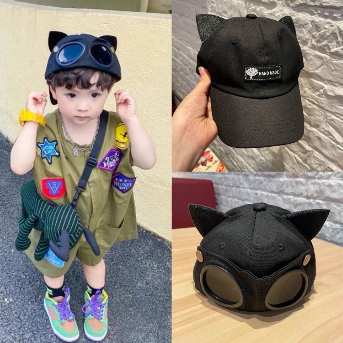 Zwarte baseballpet/flyerpet met zonnebril en kattenoortjes maat 2-8 jaar geschikt voor een hoofdomtrek van 48-53 cm