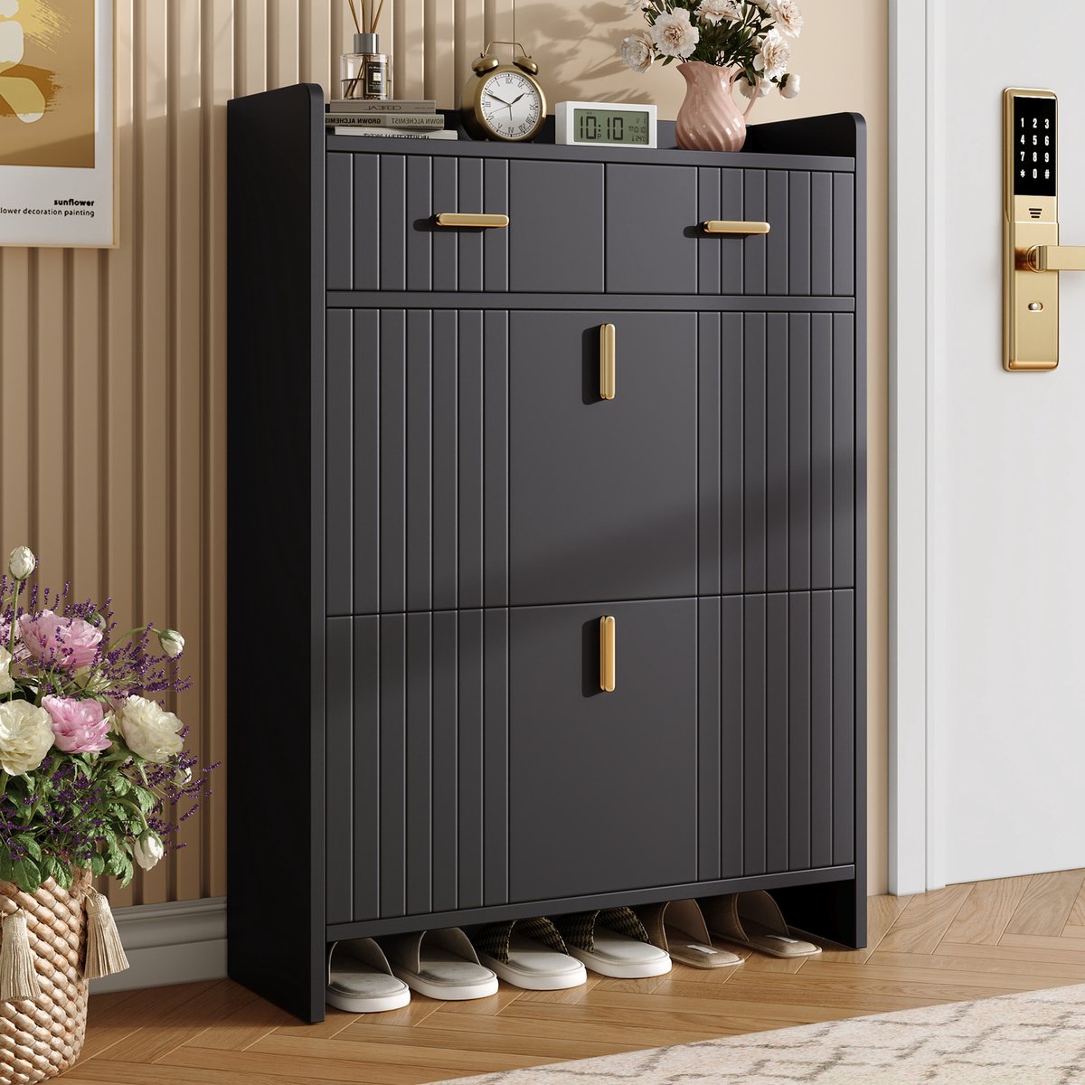MIVRAY Schoenenkast - Smal Modern Model Met 2 Klapvakken En 1 Lade - Voor Hal En Entree - Spaanplaat - Zwart - 75 X 24 X 108,5 Cm