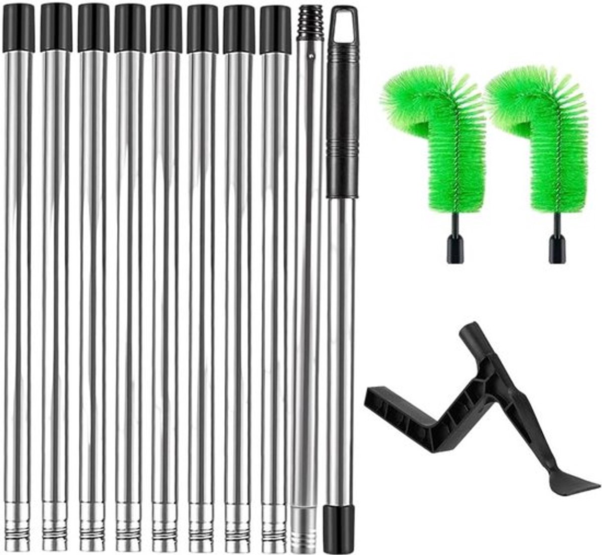 Dachgoot Reiniger met 10-delige Uitschuifbare Stang - 2 Gootborstels + Bladschop, 390 cm Lengte, Multifunctioneel voor Goot- en Raamreiniging, Handig en Efficiënt voor Tuinonderhoud