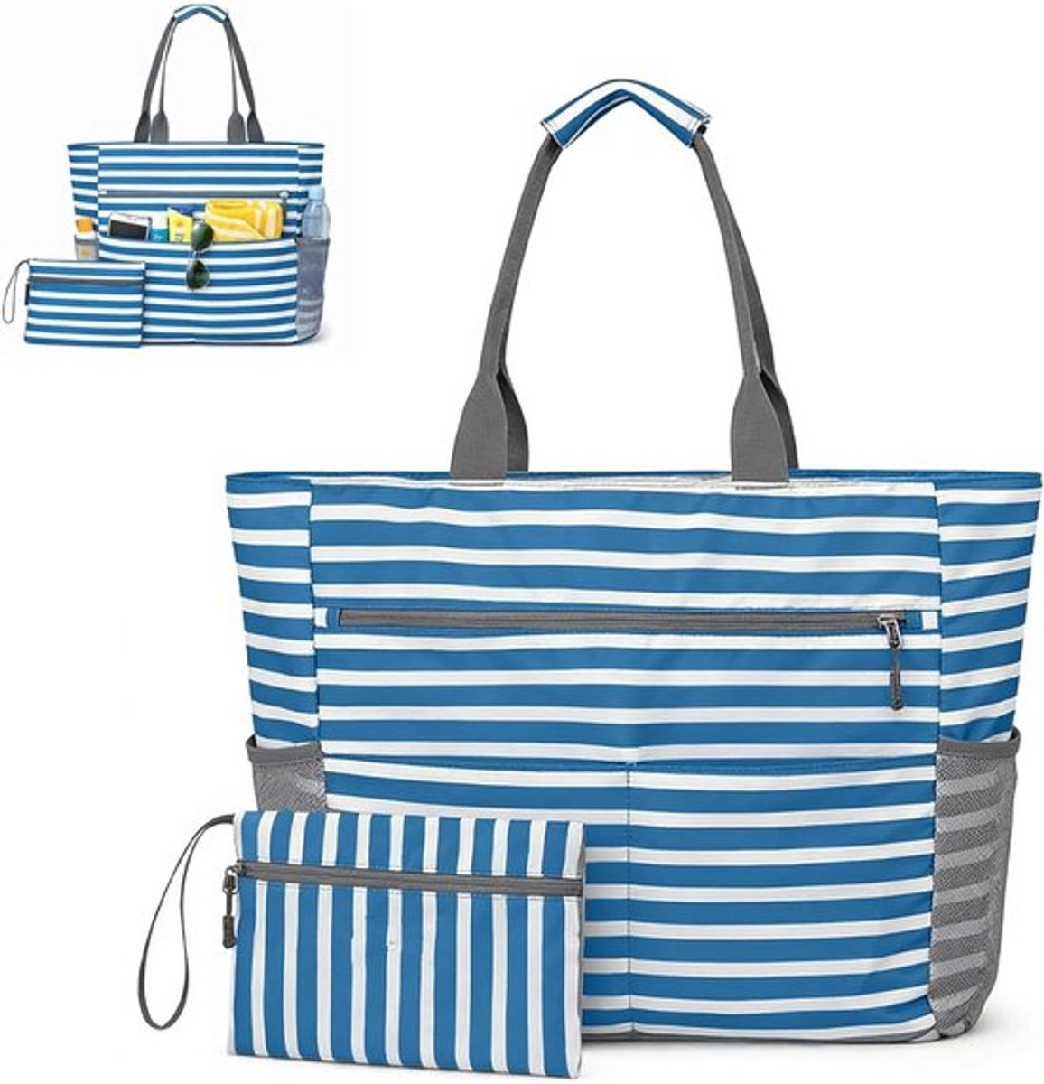 Ruime opvouwbare strandtas met ritssluiting en meerdere zakken, ideaal voor gezin, vakantie, zwembad en stranduitjes, 40,5 x 17 x 39 cm