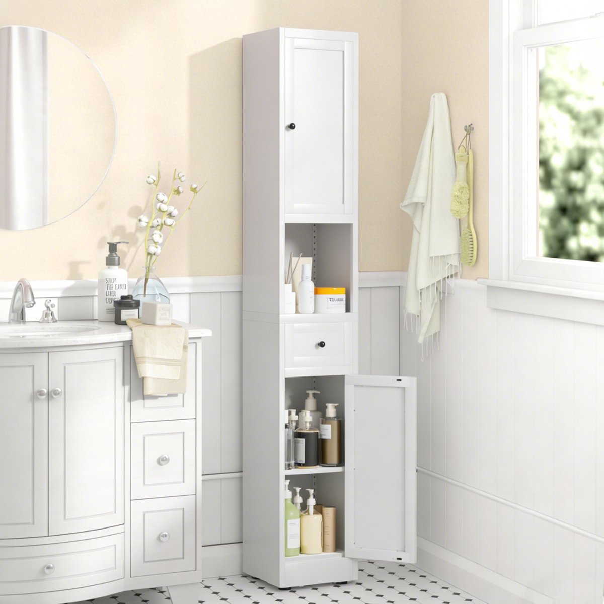 MIVRAY Smalle Metalen Badkamerkast Met 5 Niveaus En 2 Deuren Vrijstaand Voor Keuken Wasruimte En Voorraadkamer 180x30x30 Cm