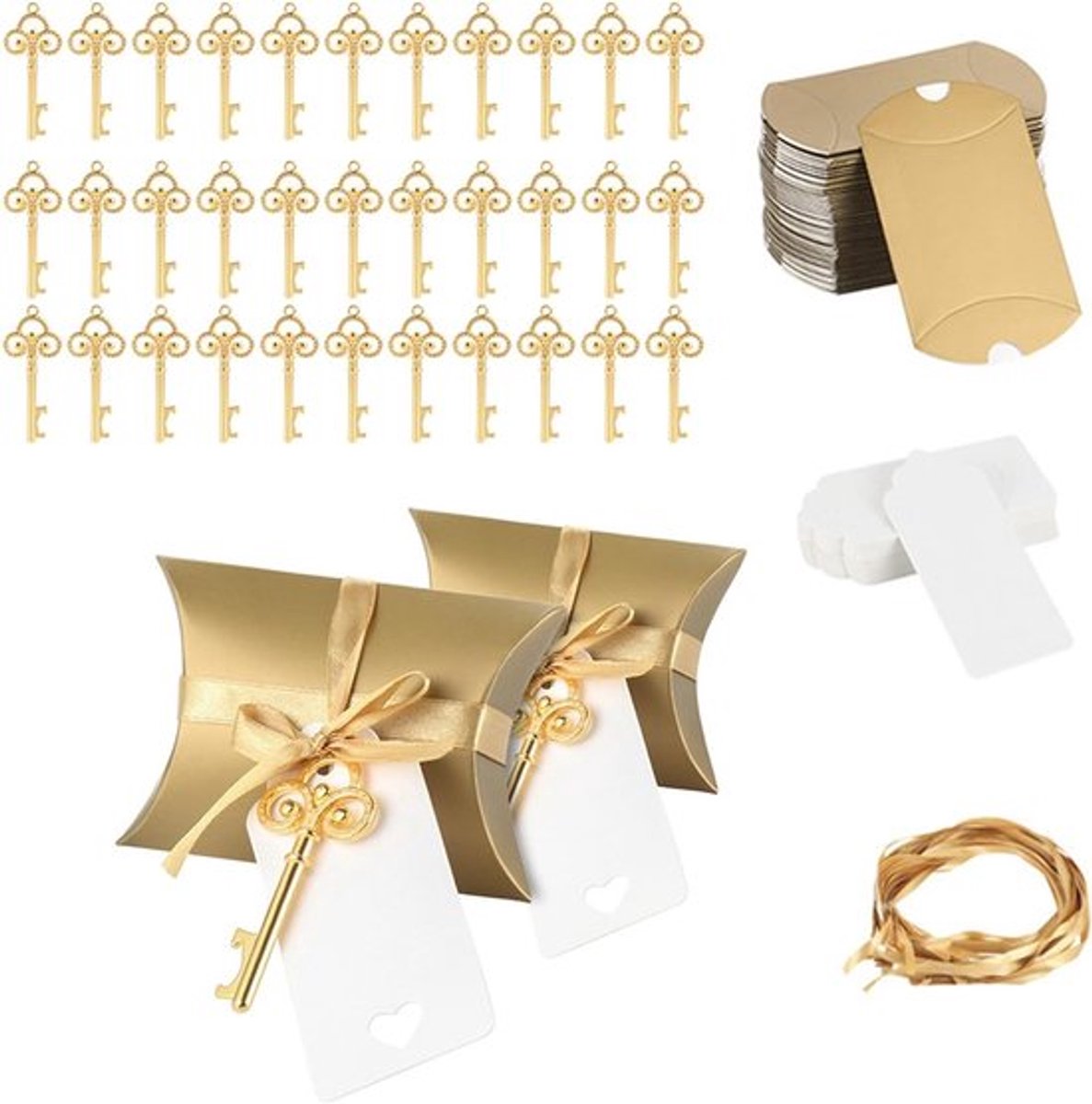 Vintage Sleutels Flesopener Set van 30 Stuks voor Bruiloften, Feestdecoratie en Cadeaus met Gouden Lege Kaarten