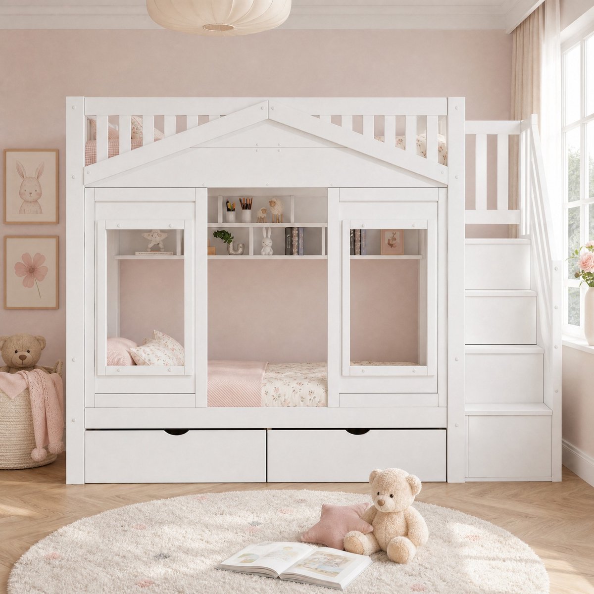 DESMIU Kinder Stapelbed 90x200 cm – Huisbed Met Trap En Opbergruimte – Bedlade En Uitvalbeveiliging – Voor Kinderkamer – Hout En MDF – Wit – Zonder Matras