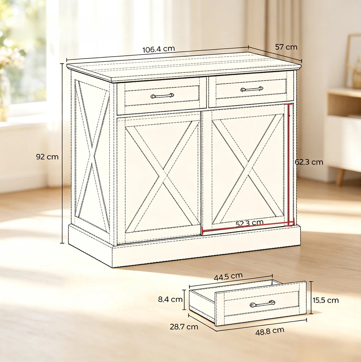 MIVRAY Keukenilandkast - Met 2 Lades En Schuifdeur Voor Extra Opbergruimte - Werkblad Voor Keuken En Eetruimte - Wit En Antiekbruin - 106,4 X 57 X 92 Cm