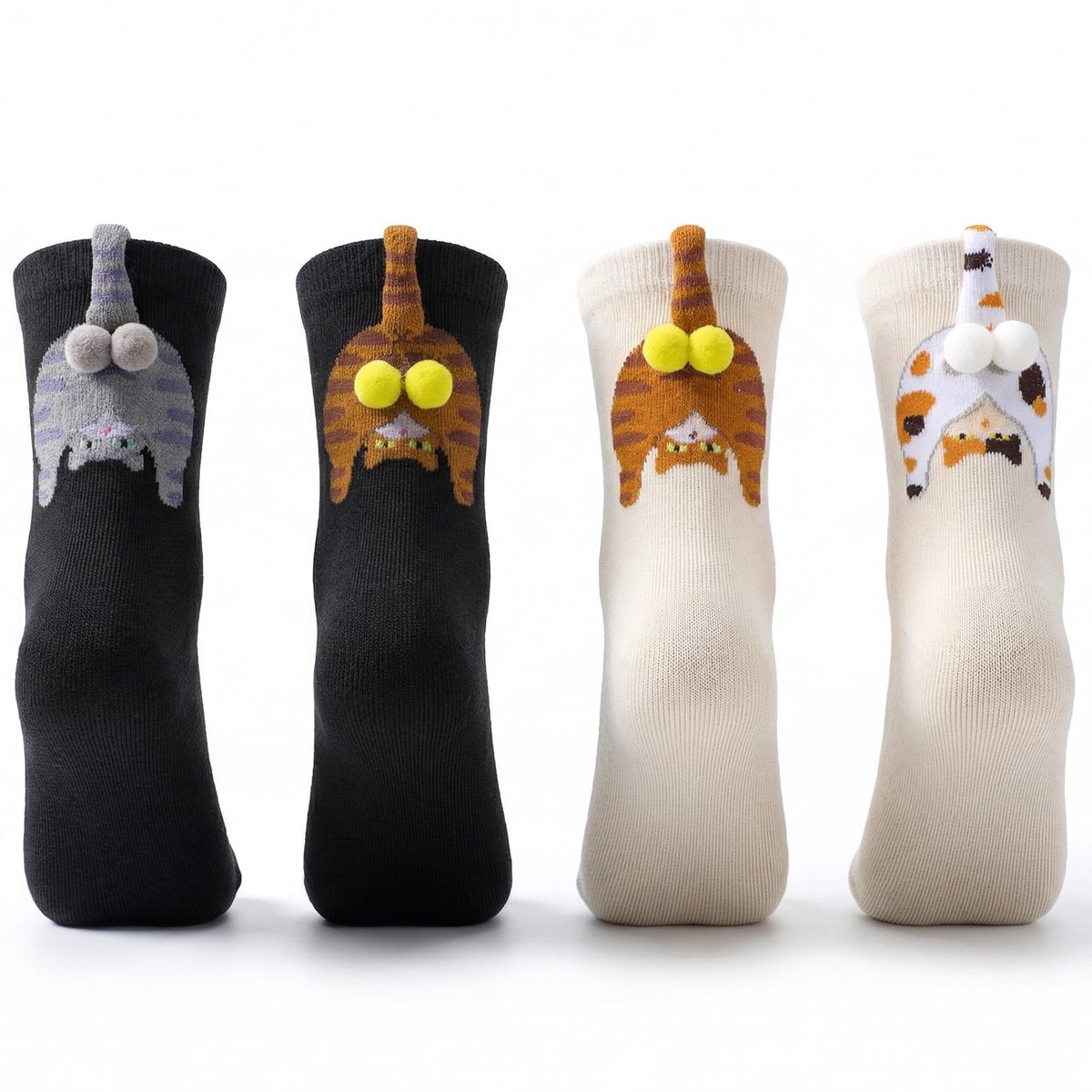 Solidchoice - 4 Paar Kattensokken met 3D Pluche Ballen