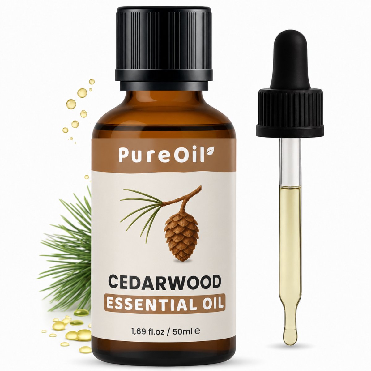 PureOil – Cederhout Etherische Olie – 50ml – 100% Puur, Natuurlijk & Vegan – Cedarwood Voor Haar | Huid | Gezicht | Scalp | Diffuser | Aromatherapie - Tegen Motten