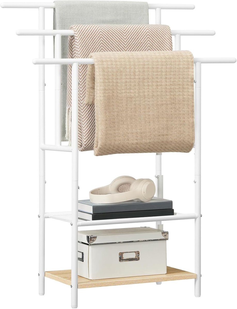Home & Beyond® Handdoekstandaard - Vrijstaande Handdoekhouder - Badhanddoekhouder met 3 Handdoekstangen - Handdoekenrek met 2 Open Planken - Wit en Natuurlijke Houtkleur - 43x30x100 cm