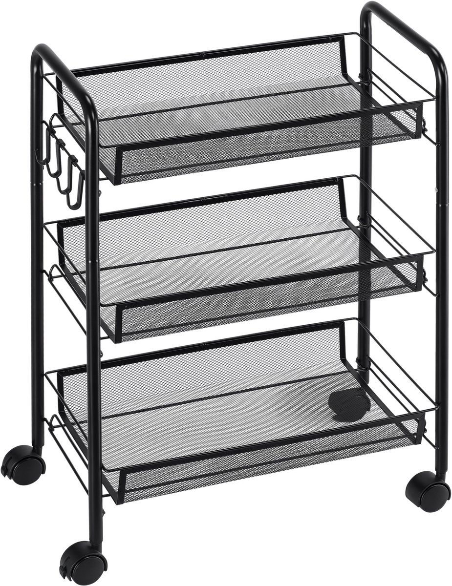 Opbergwagen met drie niveaus – voorzien van afneembare manden en 4 haken – stalen frame – afmetingen: 45 x 26,5 x 63 cm