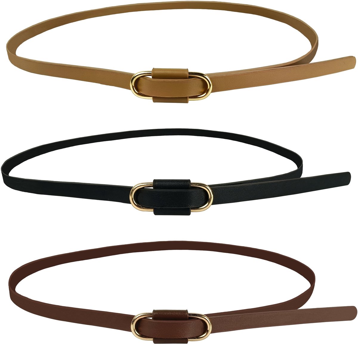 Solidchoice - Set van 3 Dames Dunne Leren Riemen in Zwart, Bruin en Khaki