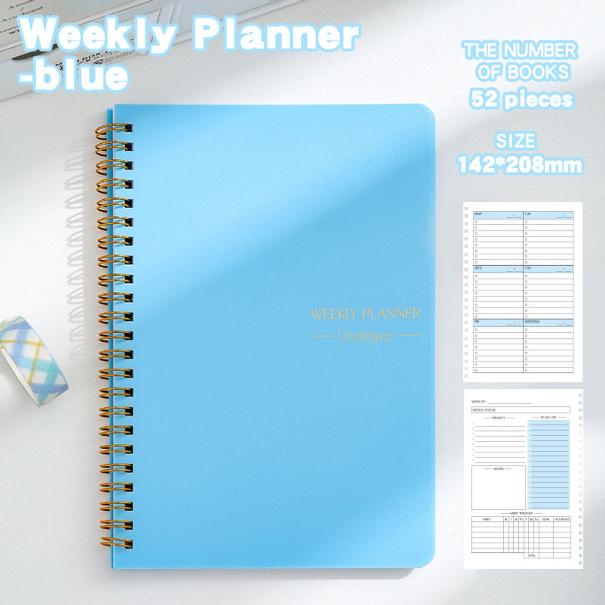 Weekplanner – 52 ongedateerde pagina's – To-dolijst – Taakbeheer – Afspraken plannen – Spiraalbinding – Dagplanning – 14,2 x 20,8 cm-Blauw
