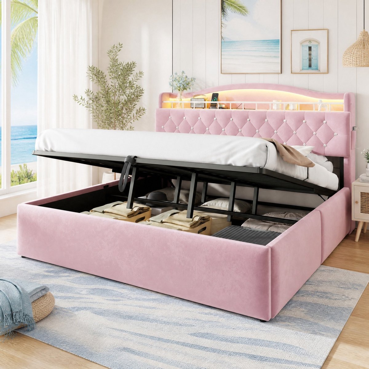 Gestoffeerd Bed 180 X 200 Cm - Hydraulische Opbergruimte - Led Hoofdbord Met Usb En Usb C - Voor Slaapkamer - Fluweel - Roze Zonder Matras