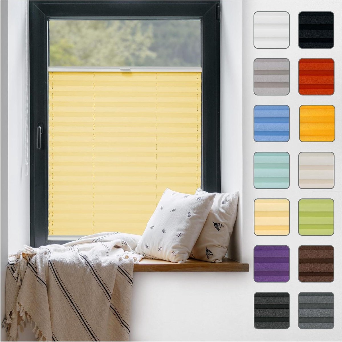 Plissé Gordijn - Rolgordijn Raambekleding - Privacy Ramen - Bevestiging Zonder Boren - 45 x 70 cm - Geel