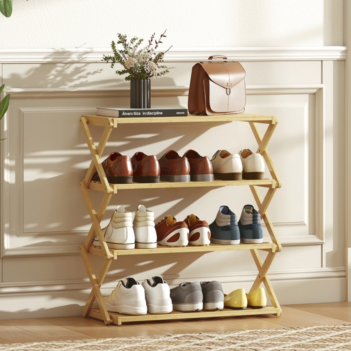 OKWISH Schoenenrek Met 4 Niveaus 60 X 29 X 67 Cm Bamboe Natuurkleur Inklapbaar Voor 12 Paar Schoenen Zonder Montage