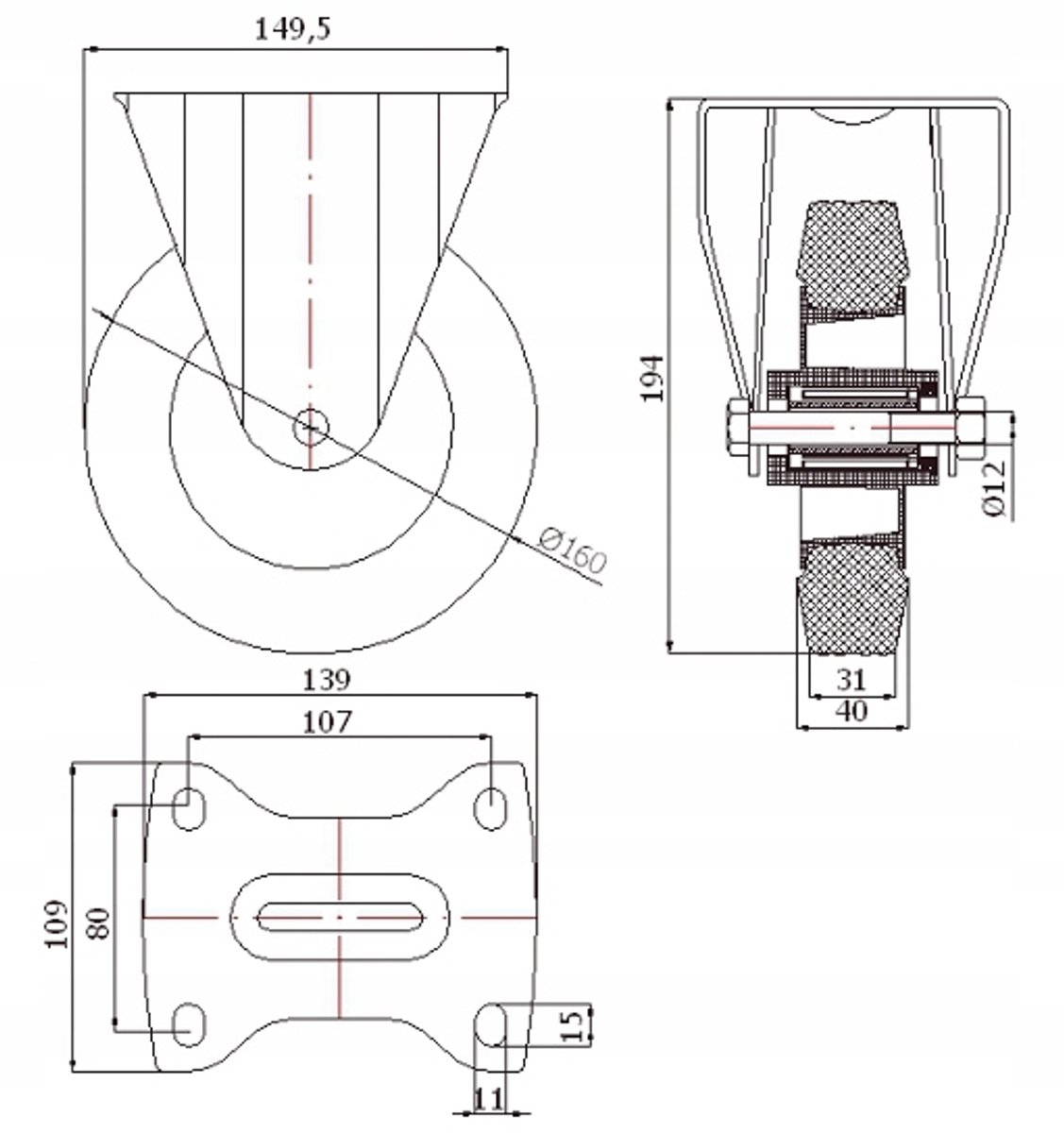 Merkloos Wiel 160mm Kunststof-Rubber met Vaste Behuizing