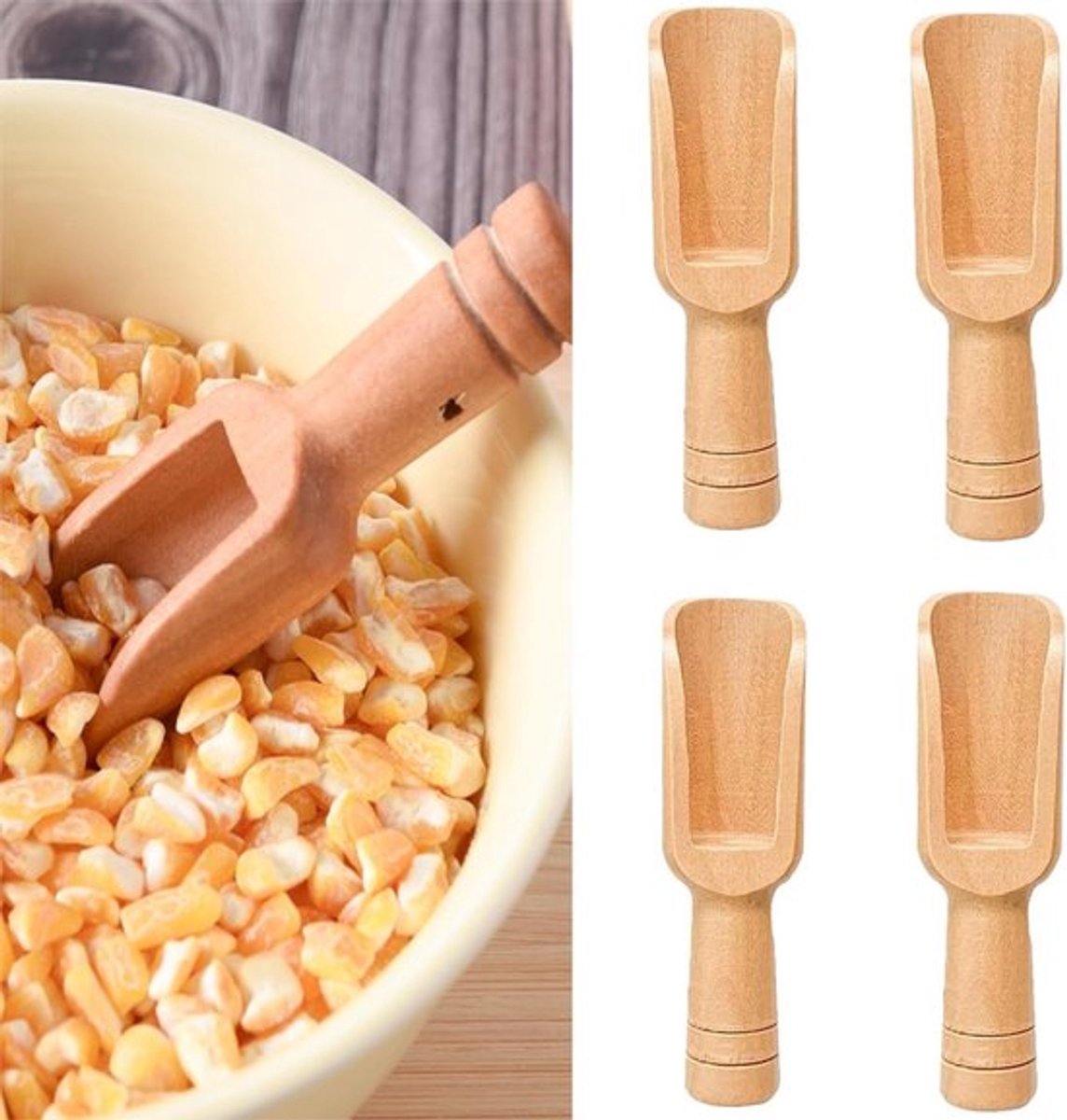 Set van 4 mini houten zout- en specerijkommen met natuurlijke lepel van 7,3 cm, ideaal voor keuken, badzout en thee, milieuvriendelijk en eenvoudig schoon te maken
