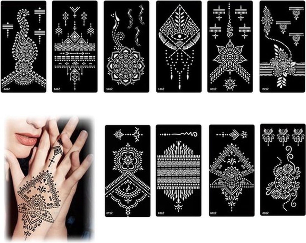 10 stuks henna tattoo sjablonen set voor vrouwen en meisjes, perfecte templates voor Halloween make-up en creatieve body art