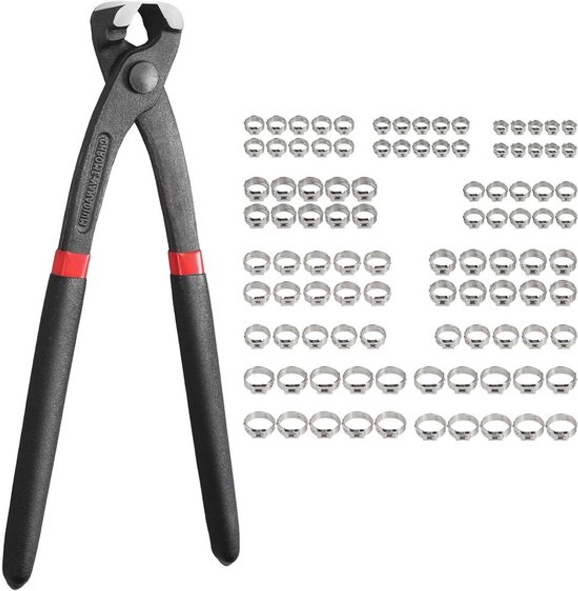 Assortiment van 100 RVS slangklemmen met tangen en krimptangen voor diverse toepassingen