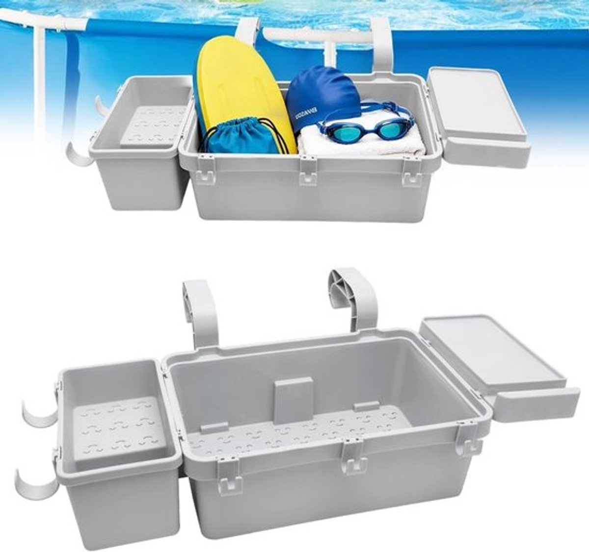 Ophangset voor Zwembadplank met Opbergmanden, Bekerhouder en Multifunctionele Accessoires voor Bovengrondse Zwembaden van Gerecycled Kunststof