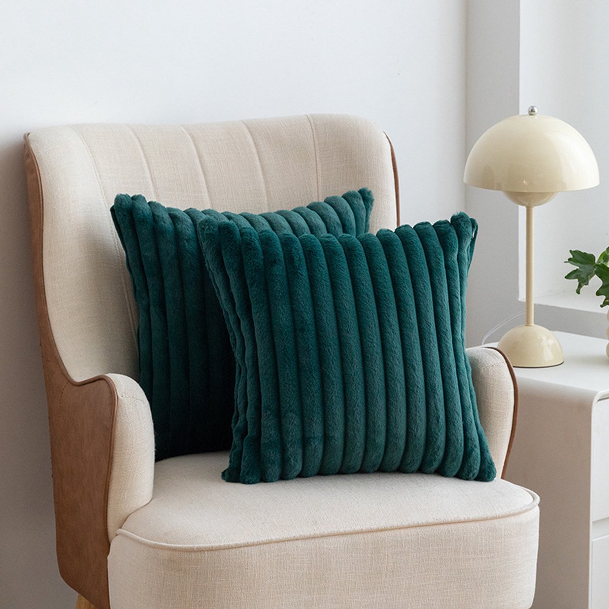 COVREO Sierkussenhoes 45x45 cm donkergroen pluche, 2 stuks met rits