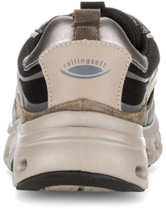 Hiel van een zwart-beige sneaker met een Rollingsoft logo op de lip.