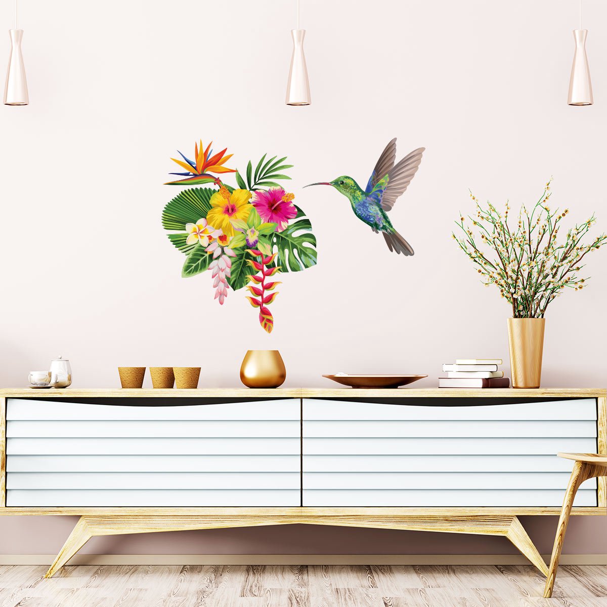 Ambiance Sticker Muurstickers - Tropische bloemen en kolibrie - Transparante achtergrond - 80x95cm Multi color