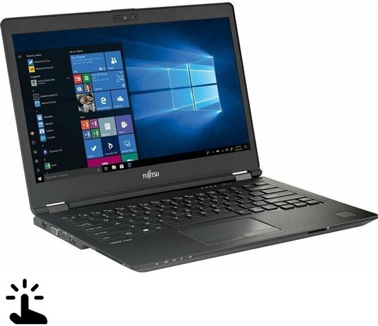 Zwarte Fujitsu Lifebook laptop met een open scherm waarop Windows 10 wordt weergegeven.