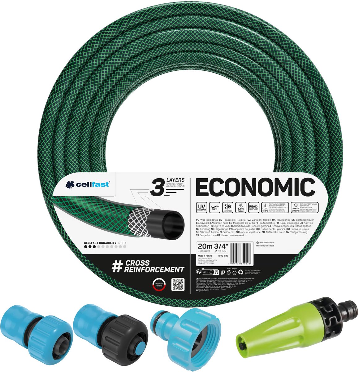 Cellfast - Economic tuinslang 3/4'' 20 m met rechte sproeier en afsluitkoppeling 3/4"