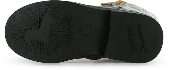 Zool van de bruine cowboylaars met een paard reliëf, "WESTERN Shoesme" en maat 27.