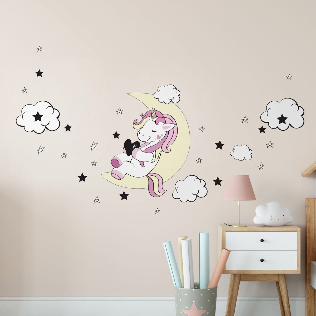 Ambiance Sticker Muurstickers - Eenhoornvriend van de Maan en de Sterren - Zelfklevende stickers - 105x70cm Multi color