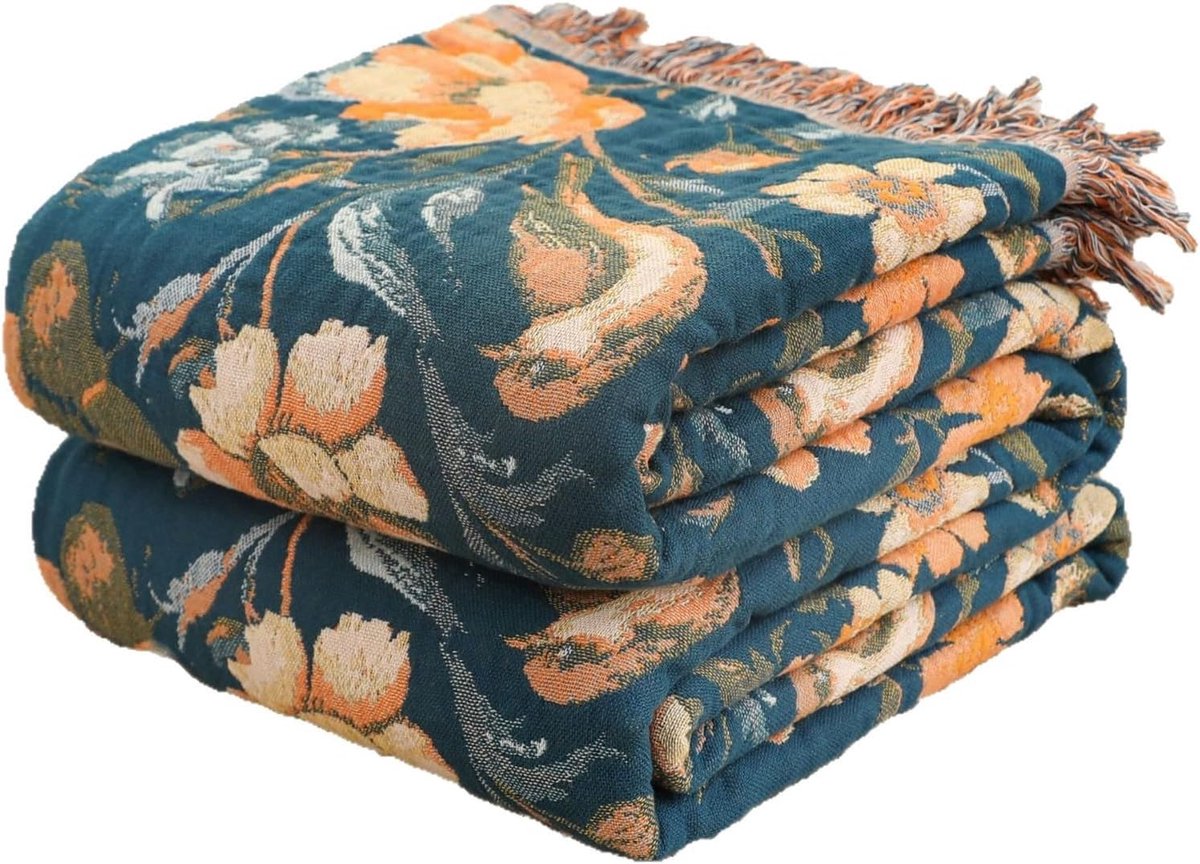 Katoenen sprei met boho-franjes, sprei met vogelmotief, huidvriendelijke hypoallergene bankdeken voor bank, bed, bank - ShopVlot