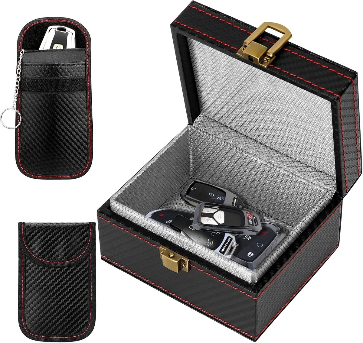 Keyless Go Faraday Car Key Box, Black, 11.5 x 9.5 x 6.5 cm, PU Leather, Shielding Fabric, Luxury - ShopVlot