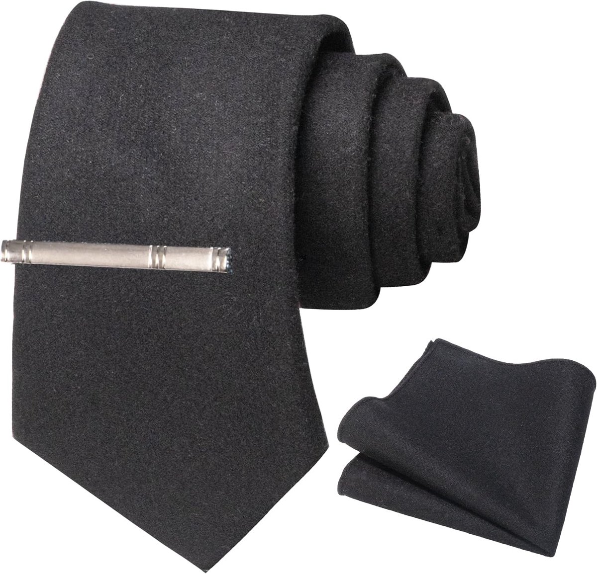 Jemygins cashmere wool tie and pocket square tie clip set for men, Black - ShopVlot