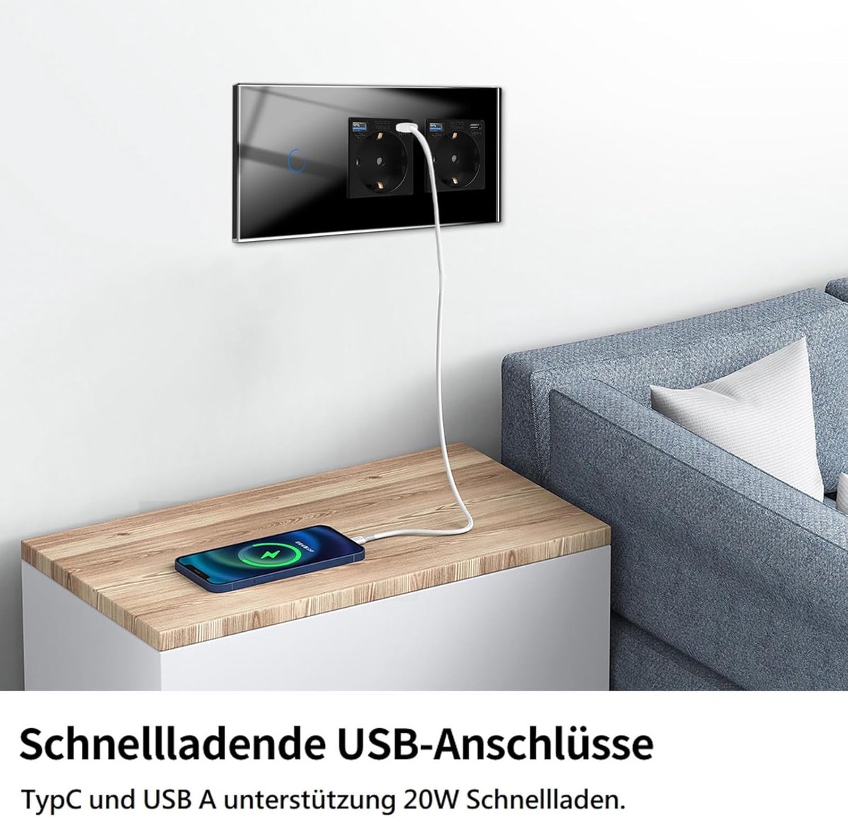 CNBINGO Touch Light Switch, Double Socket, USB Ports (Type C and Type A 3.1 Amp in total), USB Schuko Socket - ShopVlot