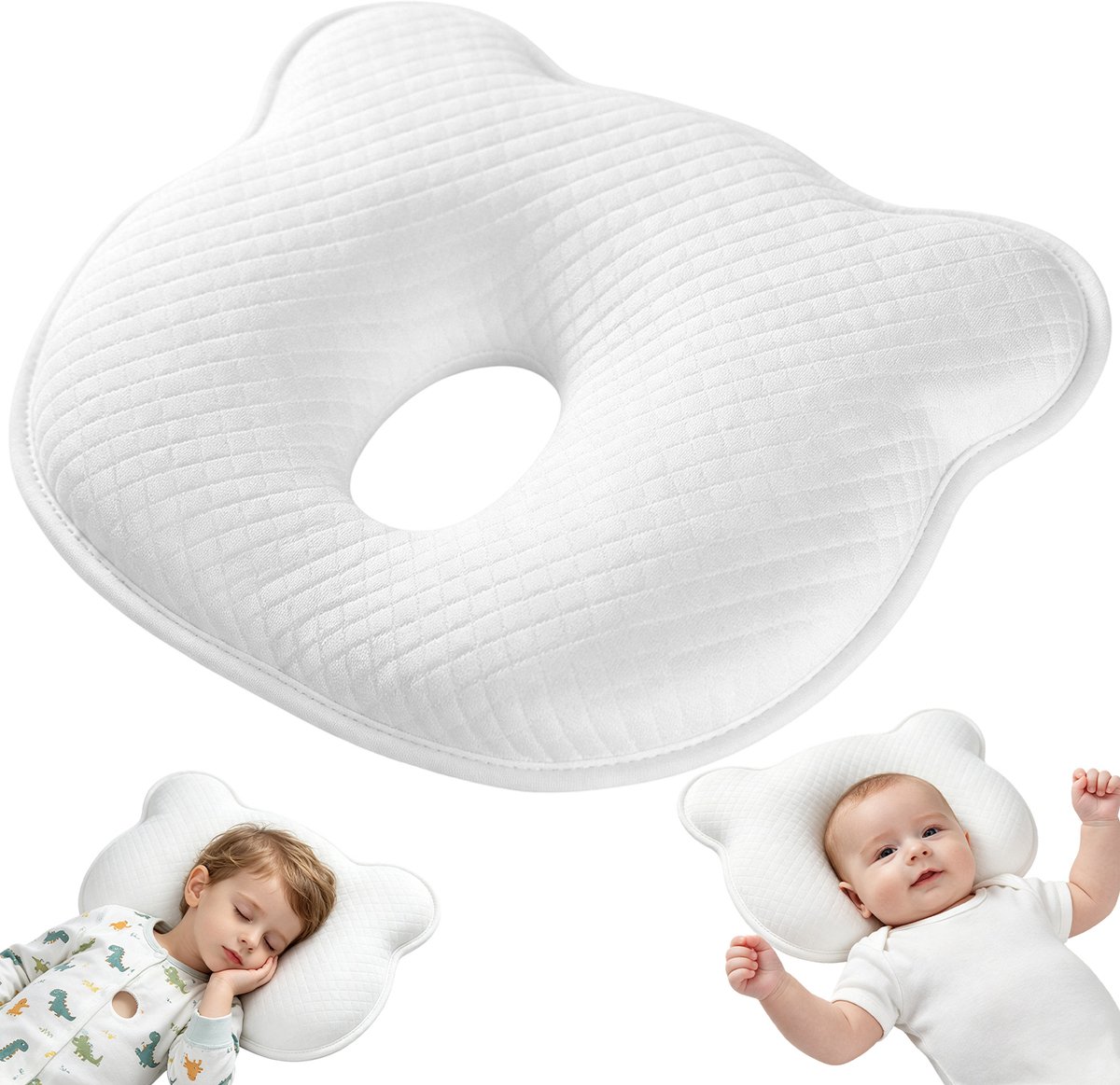 Babykussen - Slaapkussen Voor Baby's - Pasgeboren Reiskussen - Traagschuim - Tegen Plat Achterhoofd - 25x20x3,5 cm - Hoofdvorm - Ademend - 0-12 Maanden - Voor Wieg en Kinderwagen - Draagbaar