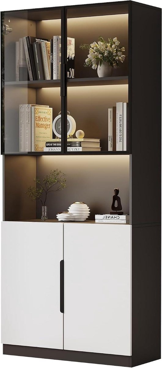 Glazen Vitrinekast - Hoge Kast - Spullen Tonen - Met LED Verlichting - 200 cm - Zwart Wit