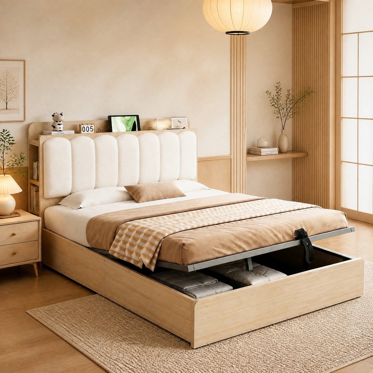 DESMIU Bed 140 x 200 cm – Hydraulisch Opbergbed met Hoofdbordopbergvak, USB en Nachtlicht – Voor Volwassenen – Houtlook – Naturel Hout – Zonder Matras