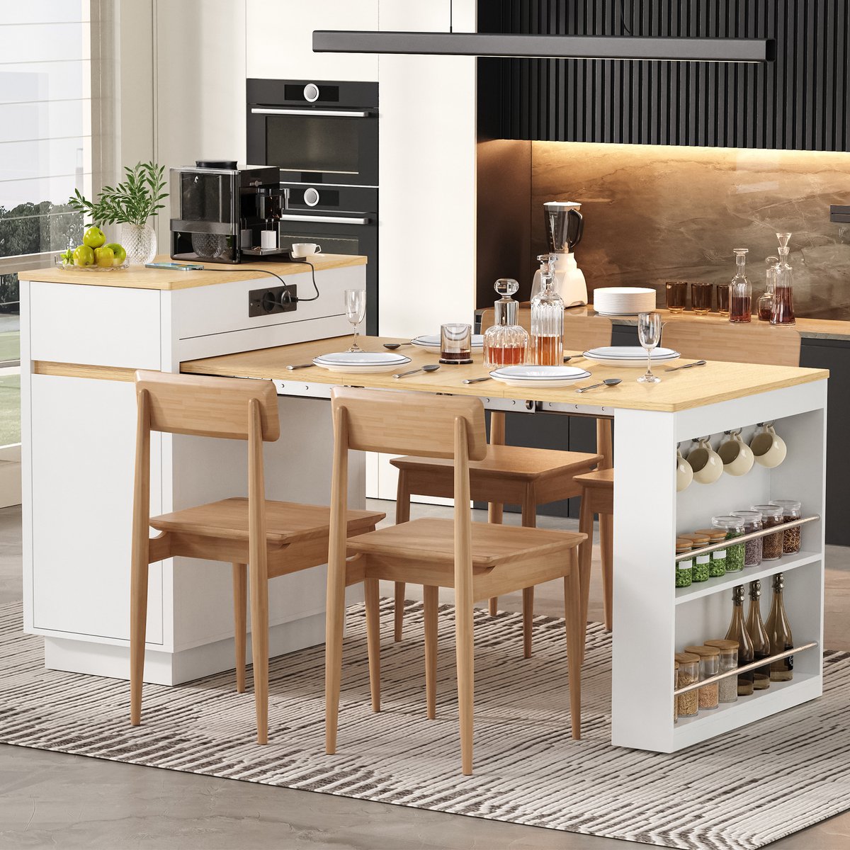 MIVRAY Eettafel Met Uitklapbaar Blad En Wieltjes Voor Keuken En Eetkamer - Wit Met Natuurlijke Houtkleur - MDF En Spaanplaat - 58 Tot 154 Cm
