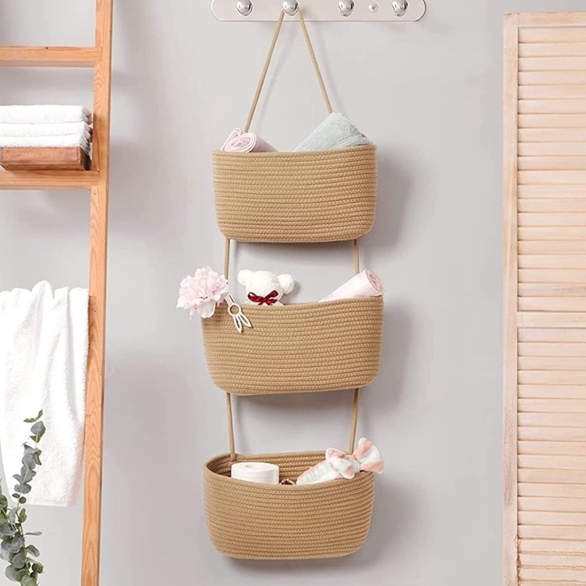 Hangende Organizer – 3 Vakken – Katoen – 105x31 cm – Voor Deur of Muur – Bruin – Handgeweven