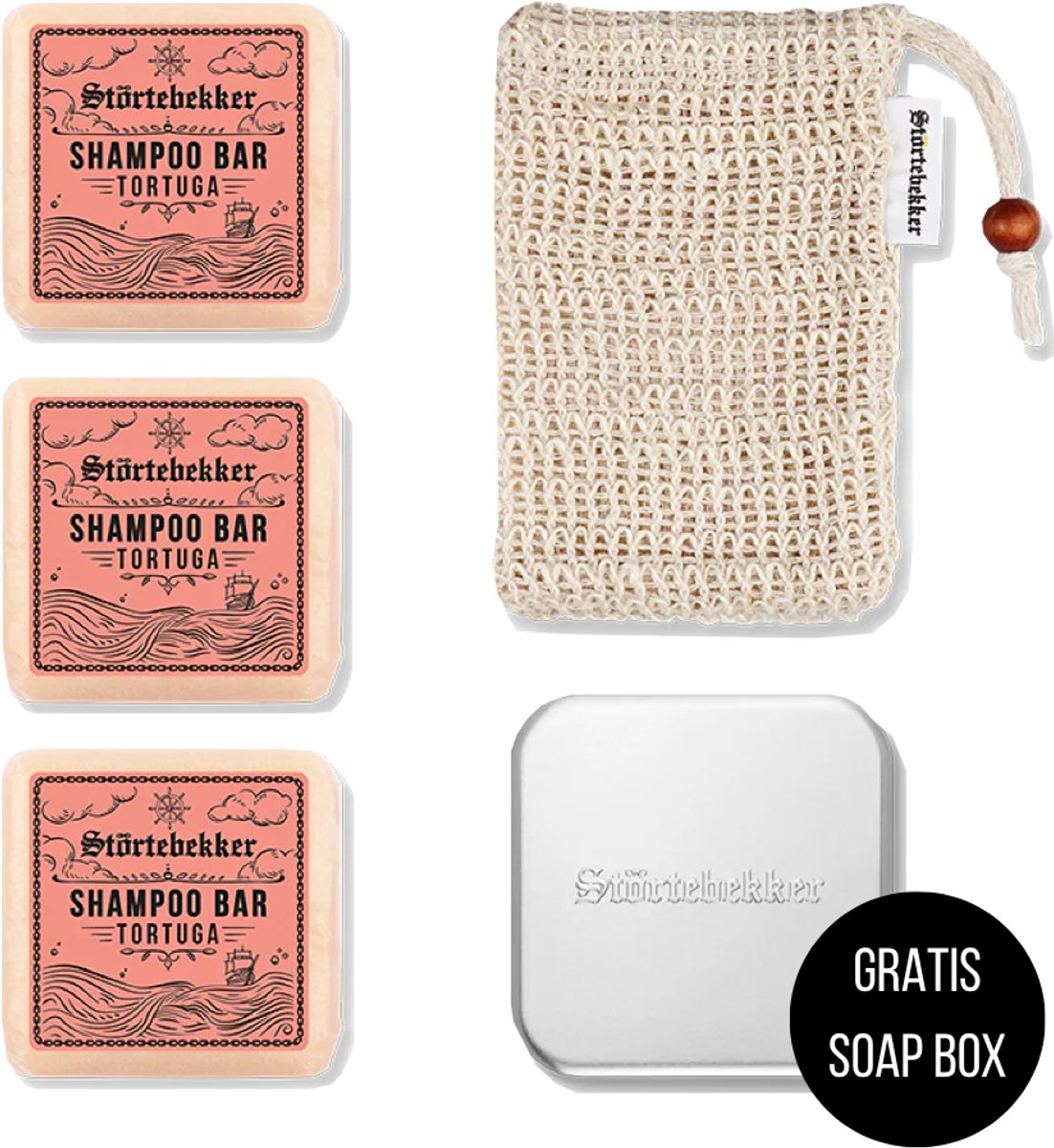 Störtebekker® Premium Doucheset Hair - Vaste shampoo (100 g x3), sisalzakje + GRATIS aluminium zeepdoosje - Shampoo Bar Set - Solid shampoo Set- Handgemaakt in NL