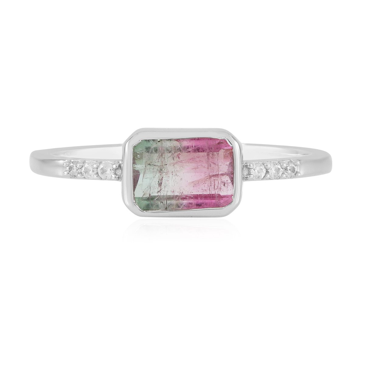Cavill - 925 Sterling Zilver Ring met Platina Afwerking - 0,867 ct Watermeloen Toermalijn Achthoekig - 0,08 ct Zirkonia - Elegant Kleurrijk