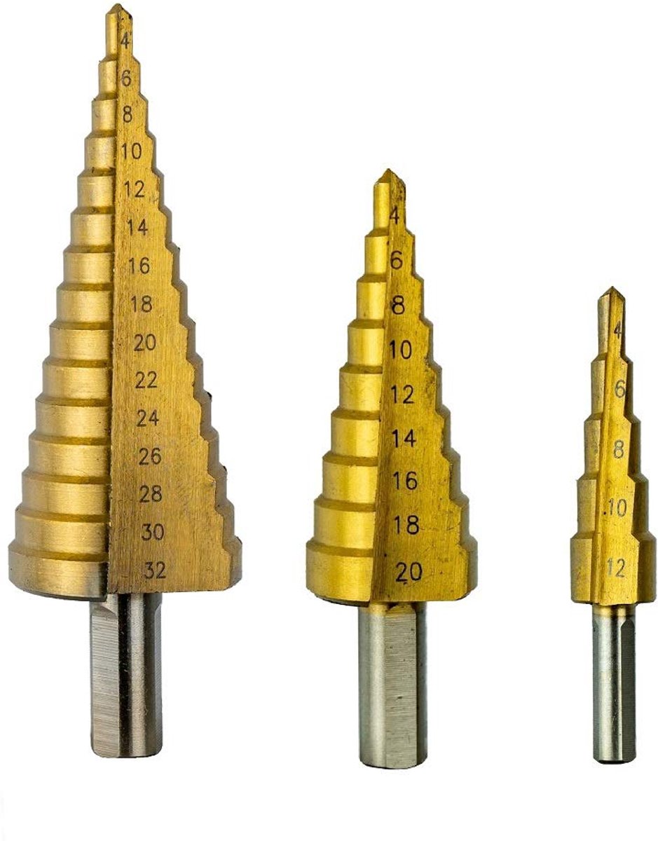 3-delige trapboor set – Trapboor – Titanium gecoate conische boor – Pagoda boor set – Geschikt voor metalen – Conische boor – Lagerstaal - Stalen doos