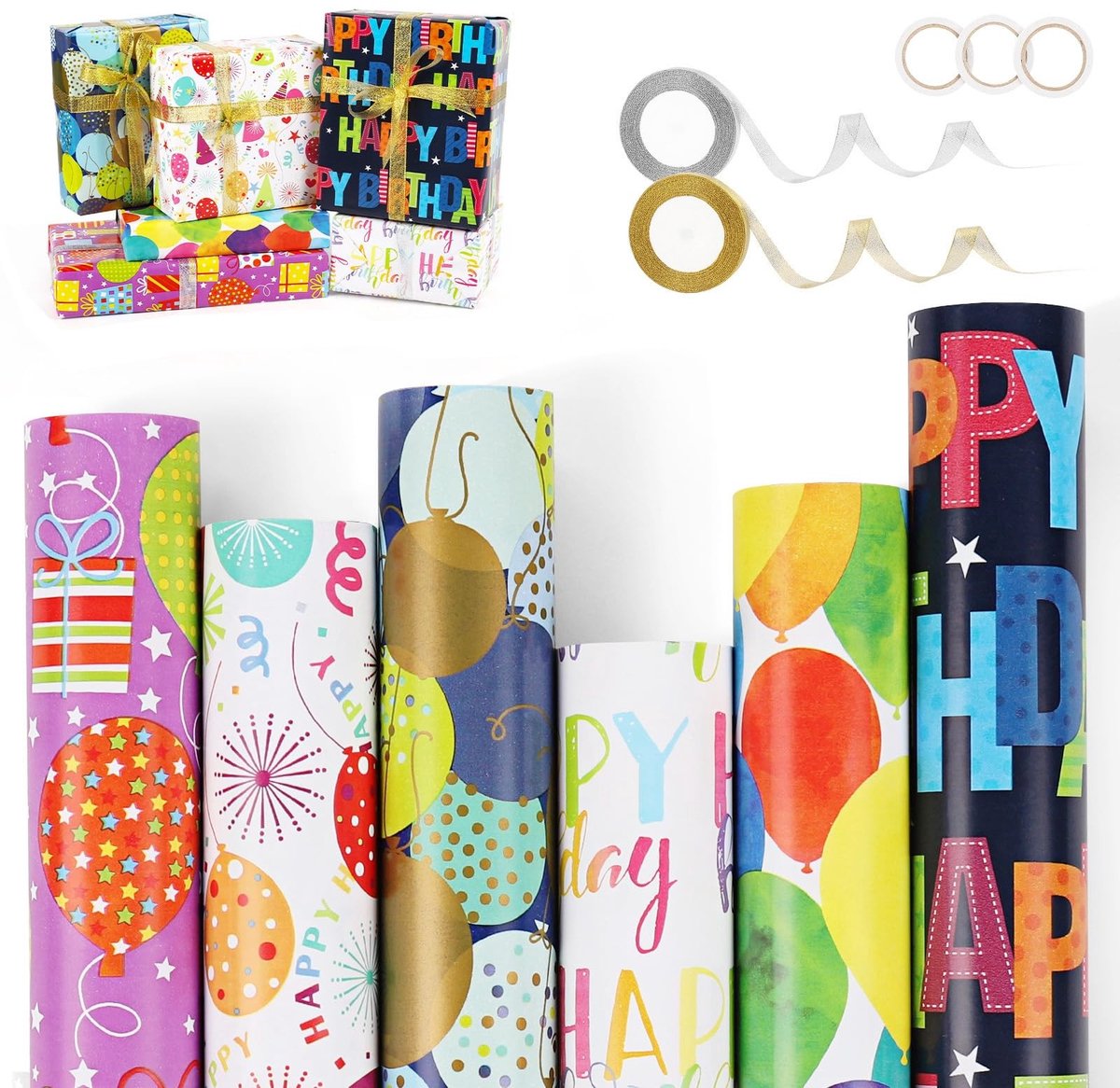 Solidchoice - Set van 6 Verpakkingsrollen met Ribbons en Plakband voor Cadeaus