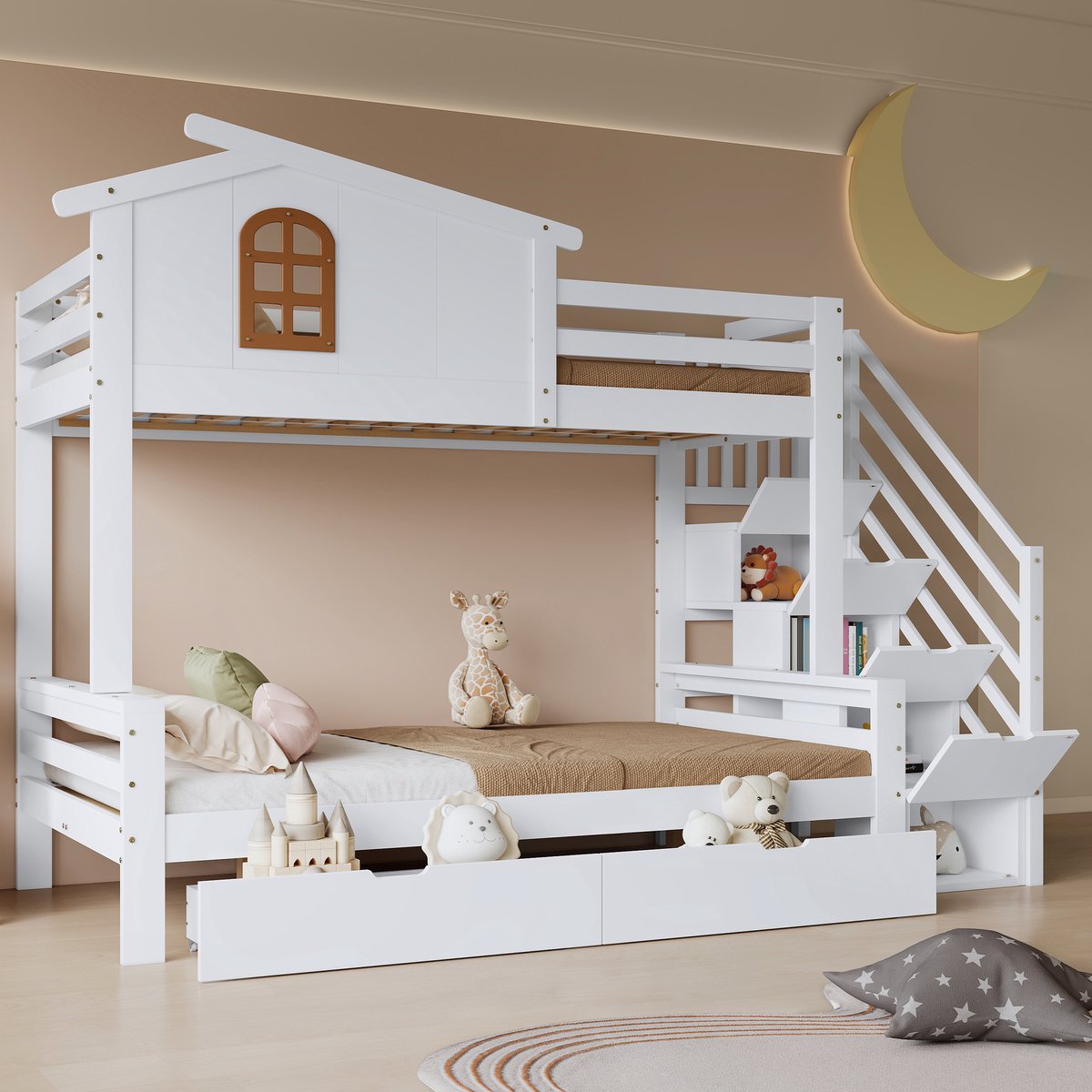 Stapelbed - kinderbed - twee lades met wieltjes - raam - hoek-trapkast - wit - 90x200cm & 120x200cm - zonder matras