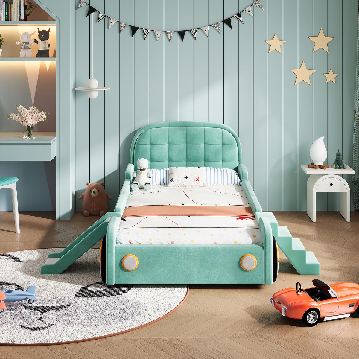 Kinderbed 90x200 cm - auto-bed met glijbaan en trap - links of rechts te plaatsen - speelbed met bescherming - blauwgroen