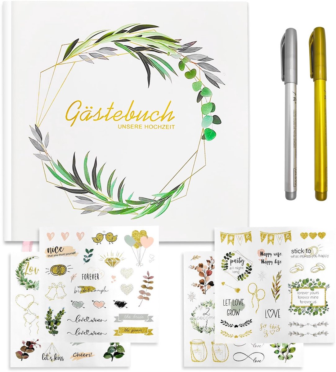 Solidchoice - Gastenboek Set voor Bruiloft met Metallic Pennen en Stickers