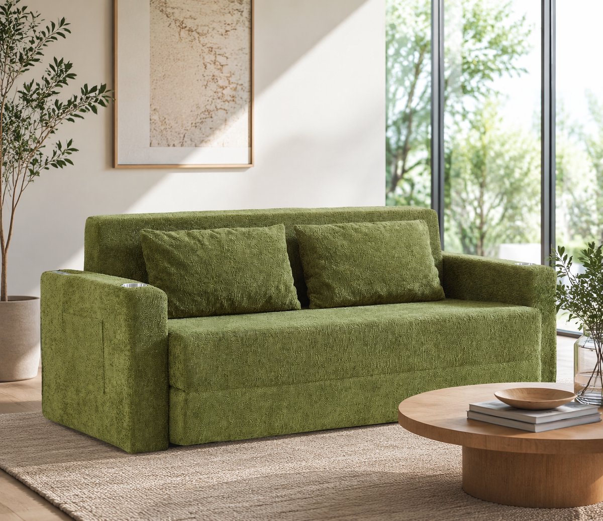 Slaapbank 2 Zits - Velvet Bank Met USB - Opvouwbare Sofa Bed Groen Met Opbergruimte